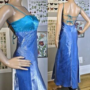 Vintage 90s y2k Morgan & Co Gown Prom Dress Blue Mermaid Sequins Strappy JR 3/4